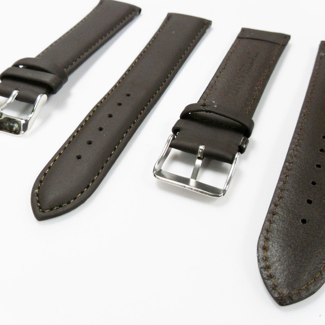 Genuine Leather Watch Band, Dark Brown Padded, Plain, Brown Stitches, 22MM , XL Size, Stainless Steel Silver Buckle - Universal Jewelers & Watch Tools Inc.