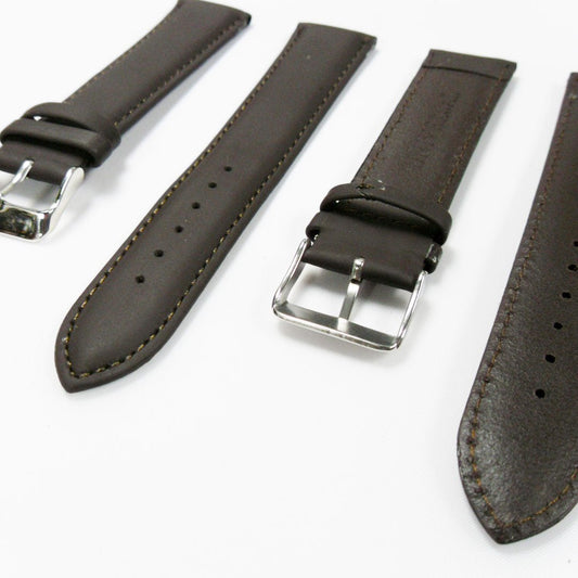 Genuine Leather Watch Band, Dark Brown Padded, Plain, Brown Stitches, 22MM , XL Size, Stainless Steel Silver Buckle - Universal Jewelers & Watch Tools Inc.