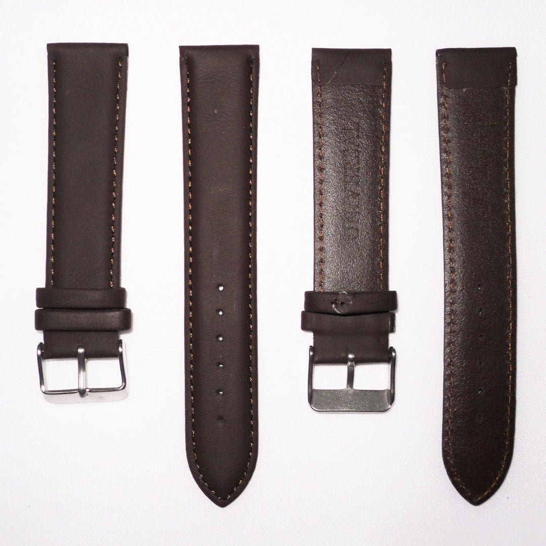 Genuine Leather Watch Band, Dark Brown Padded, Plain, Brown Stitches, 22MM , XL Size, Stainless Steel Silver Buckle - Universal Jewelers & Watch Tools Inc.