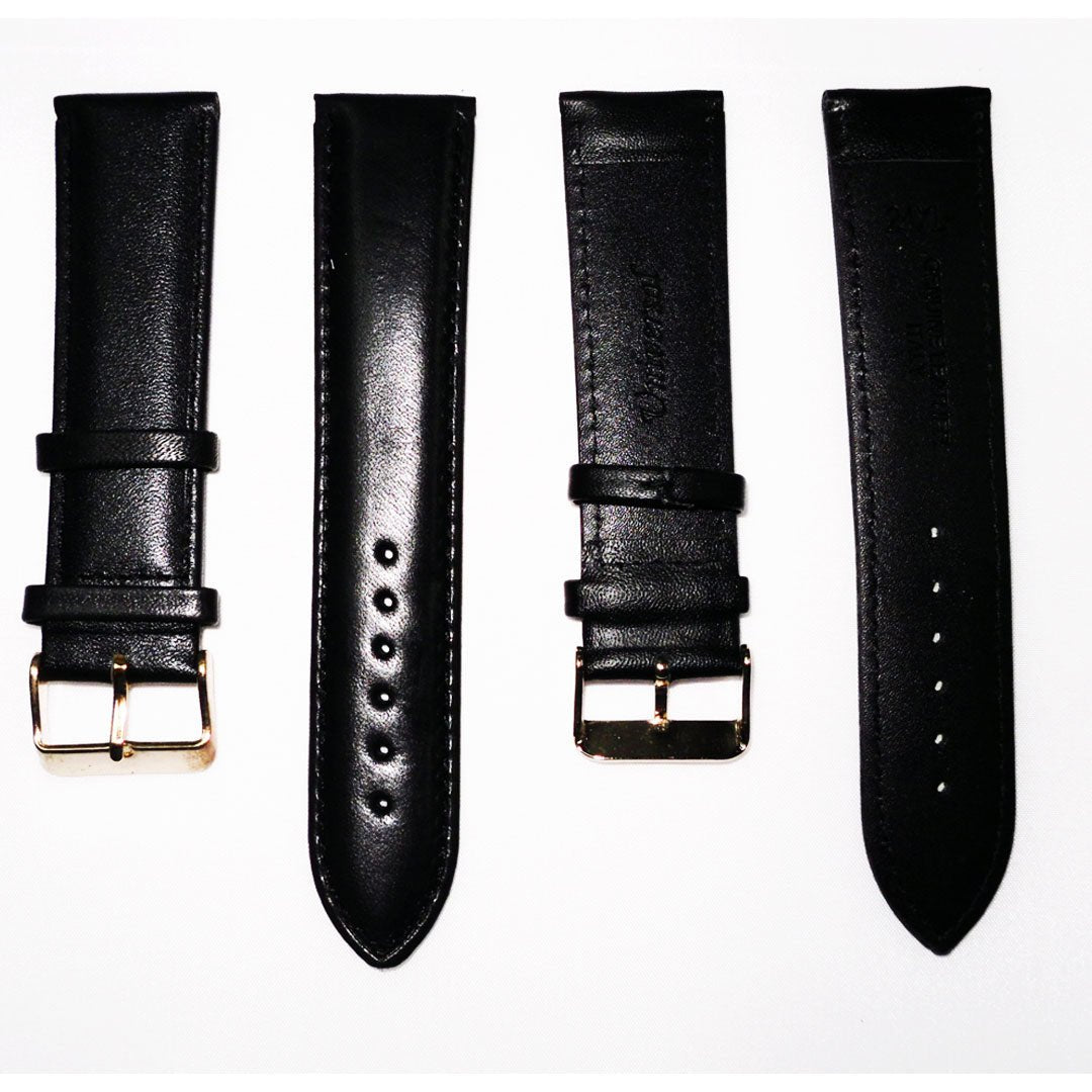 Genuine Leather Watch Band, Black Padded, Plain, Black Stitches, 24MM, Regular Size, Stainless Steel Golden Buckle - Universal Jewelers & Watch Tools Inc.