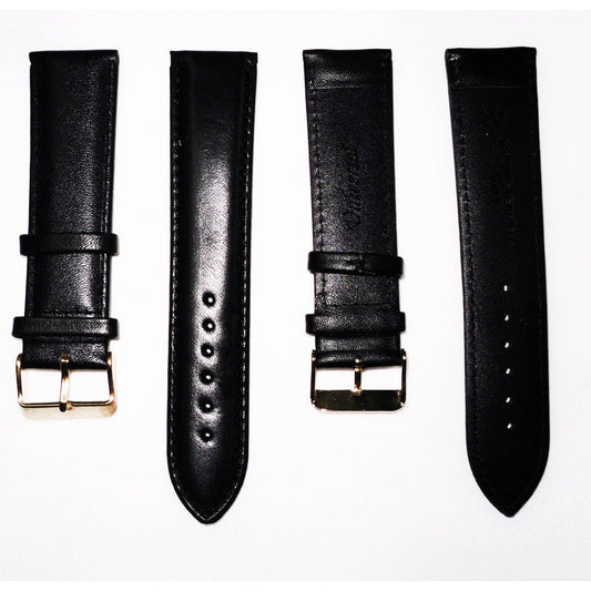 Genuine Leather Watch Band, Black Padded, Plain, Black Stitches, 24MM, Regular Size, Stainless Steel Golden Buckle - Universal Jewelers & Watch Tools Inc.