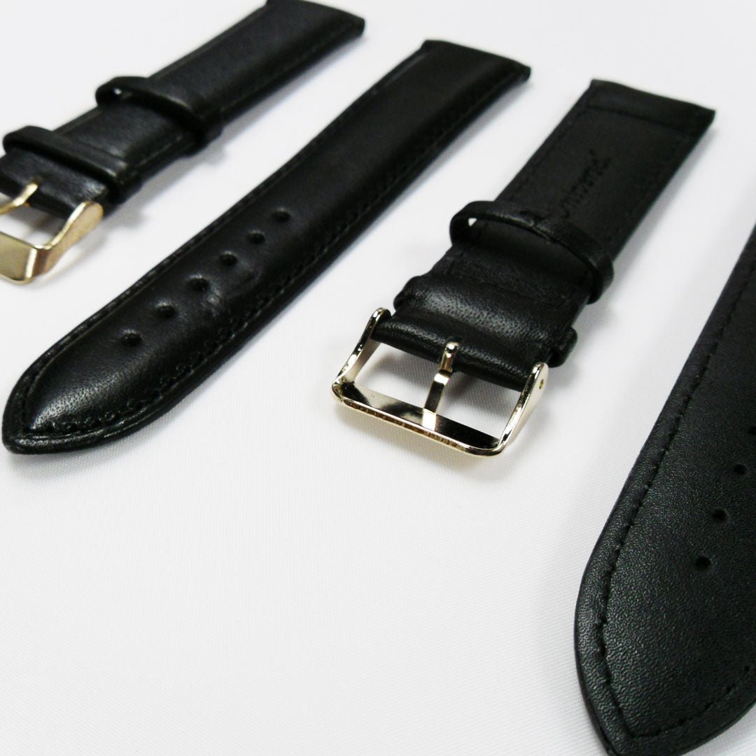 Genuine Leather Watch Band, Black Padded, Plain, Black Stitches, 24MM, Regular Size, Stainless Steel Golden Buckle - Universal Jewelers & Watch Tools Inc.
