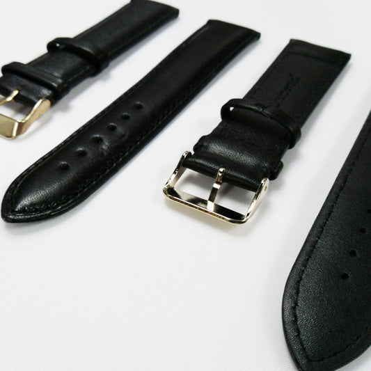 Genuine Leather Watch Band, Black Padded, Plain, Black Stitches, 24MM, Regular Size, Stainless Steel Golden Buckle - Universal Jewelers & Watch Tools Inc.