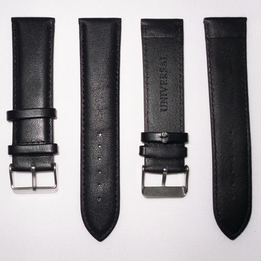 Genuine Leather Watch Band, Black Padded, Plain, Black Stitches, 24MM, XL Size, Stainless Steel Silver Buckle - Universal Jewelers & Watch Tools Inc.