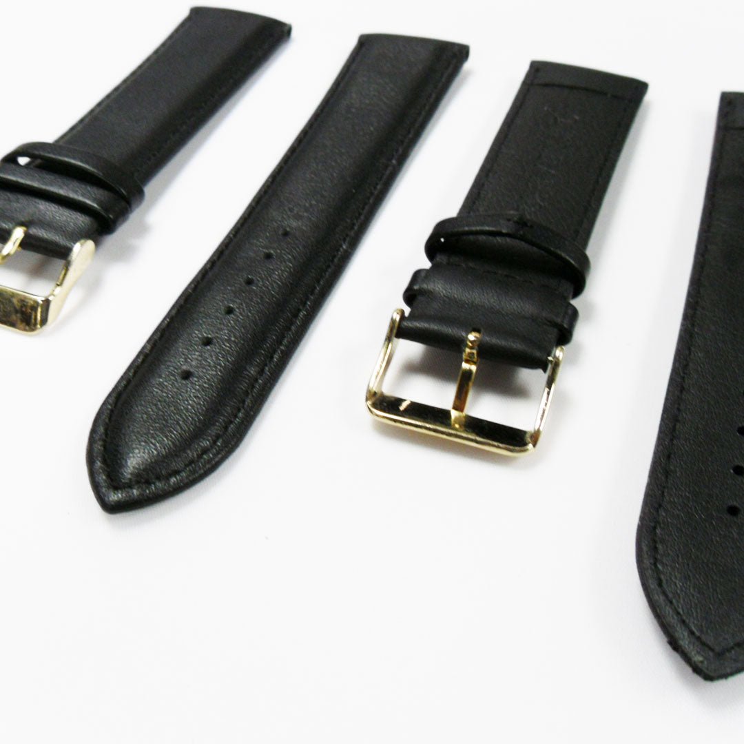 Genuine Leather Watch Band, Black Padded, Plain, Black Stitches, 24MM, XL Size, Stainless Steel Golden Buckle - Universal Jewelers & Watch Tools Inc.