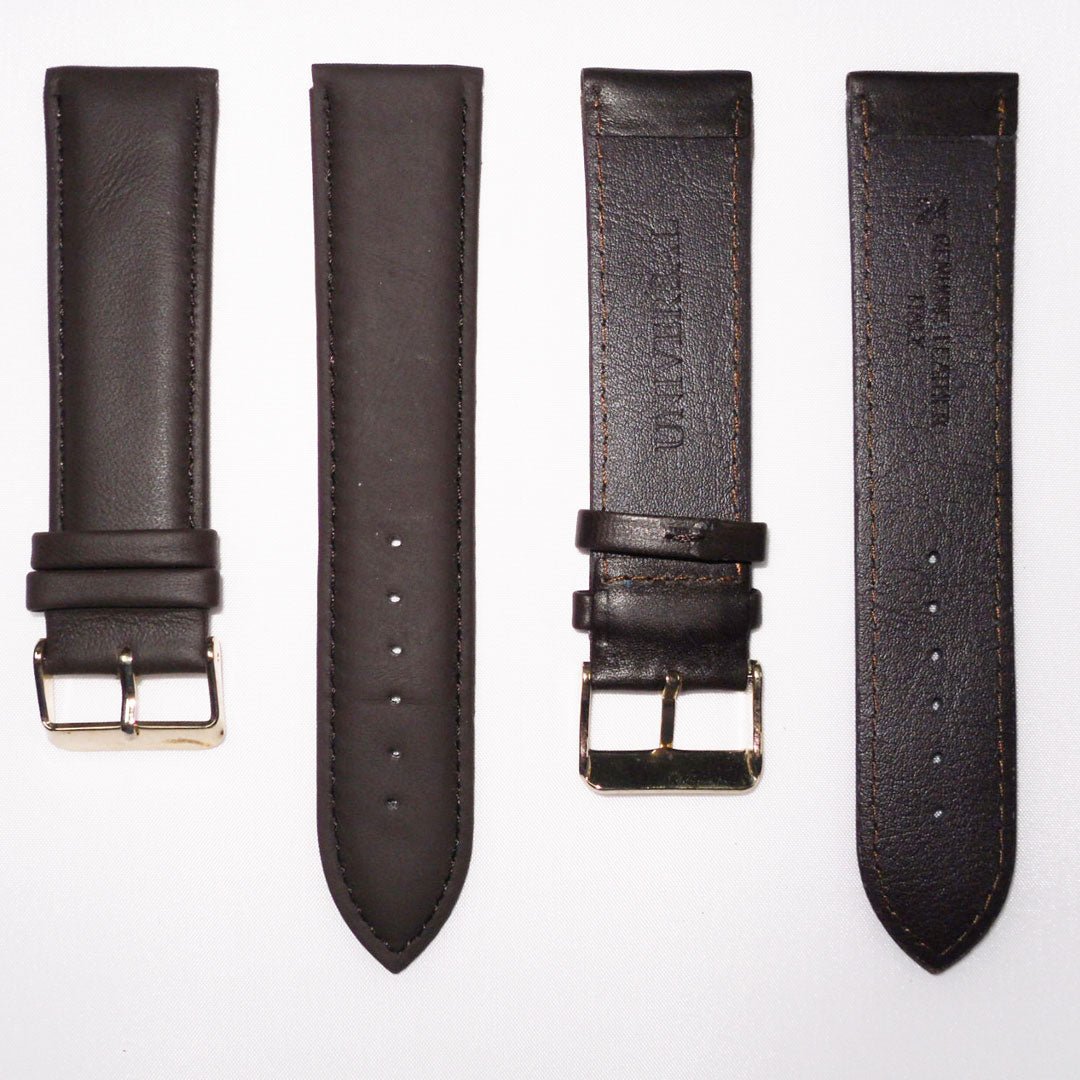 Genuine Leather Watch Band, Dark Brown Padded, Plain, Brown Stitches, 24MM , Regular Size, Stainless Steel Golden Buckle - Universal Jewelers & Watch Tools Inc.