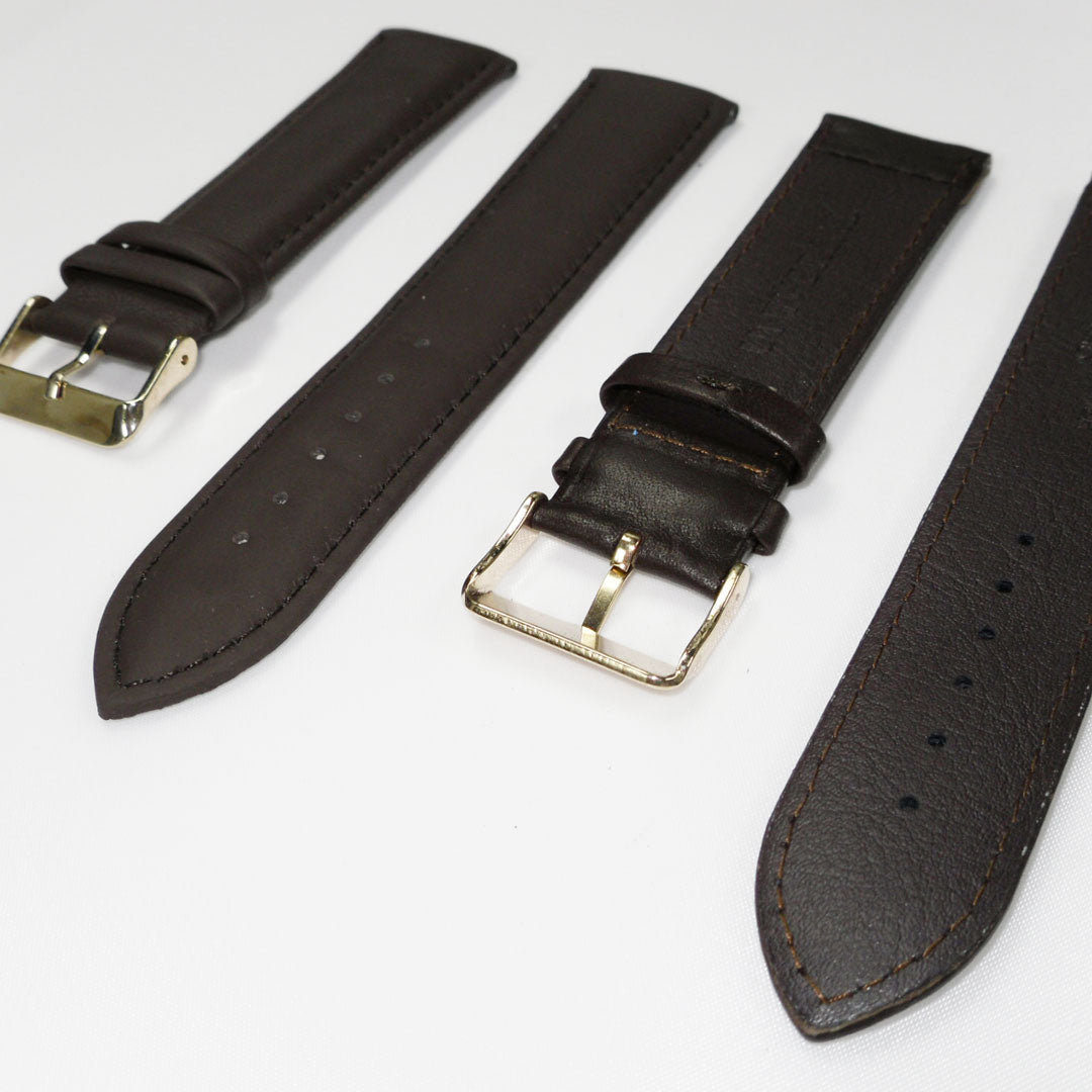 Genuine Leather Watch Band, Dark Brown Padded, Plain, Brown Stitches, 24MM , XL Size, Stainless Steel Golden Buckle
