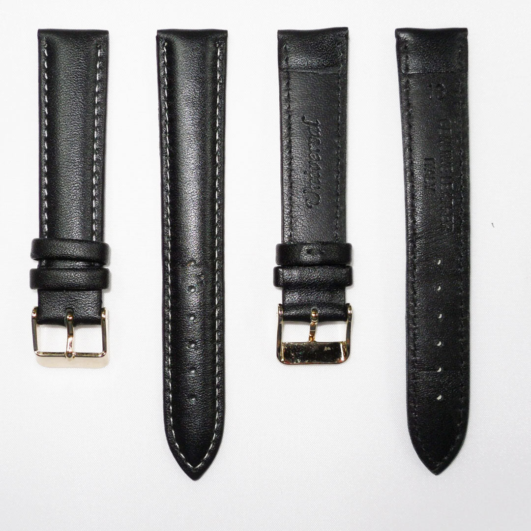 Genuine Leather Watch Band, Black Padded, Plain, White Stitches, 18MM , Regular Size, Stainless Steel Golden Buckle - Universal Jewelers & Watch Tools Inc.