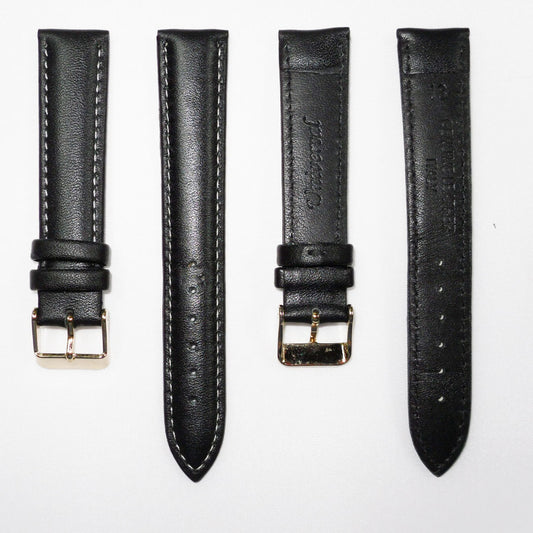 Genuine Leather Watch Band, Black Padded, Plain, White Stitches, 18MM , Regular Size, Stainless Steel Golden Buckle - Universal Jewelers & Watch Tools Inc.