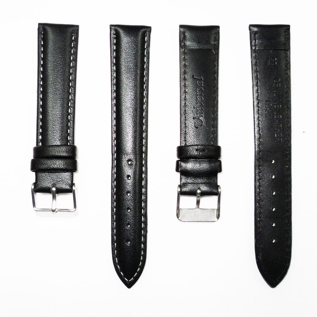 Genuine Leather Watch Band, Black Padded, Plain, White Stitches, 18MM , Regular Size, Stainless Steel Silver Buckle - Universal Jewelers & Watch Tools Inc.