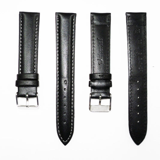 Genuine Leather Watch Band, Black Padded, Plain, White Stitches, 18MM , Regular Size, Stainless Steel Silver Buckle - Universal Jewelers & Watch Tools Inc.
