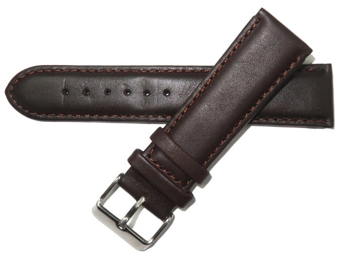 Genuine Leather Watch Band, Dark Brown Padded, Stitched, Brown Thread, 18MM, XL Size, Silver Buckle - Universal Jewelers & Watch Tools Inc.