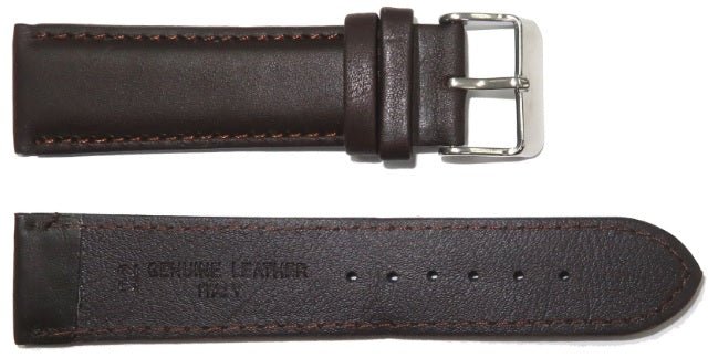 Genuine Leather Watch Band, Dark Brown Padded, Stitched, Brown Thread, 18MM, XL Size, Silver Buckle - Universal Jewelers & Watch Tools Inc.