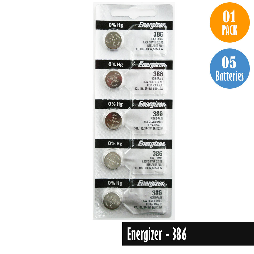 Energizer-386 Watch Battery, 1 Pack 5 batteries, Replaces all 301, 186, SR43W, SR143SW - Universal Jewelers & Watch Tools Inc.