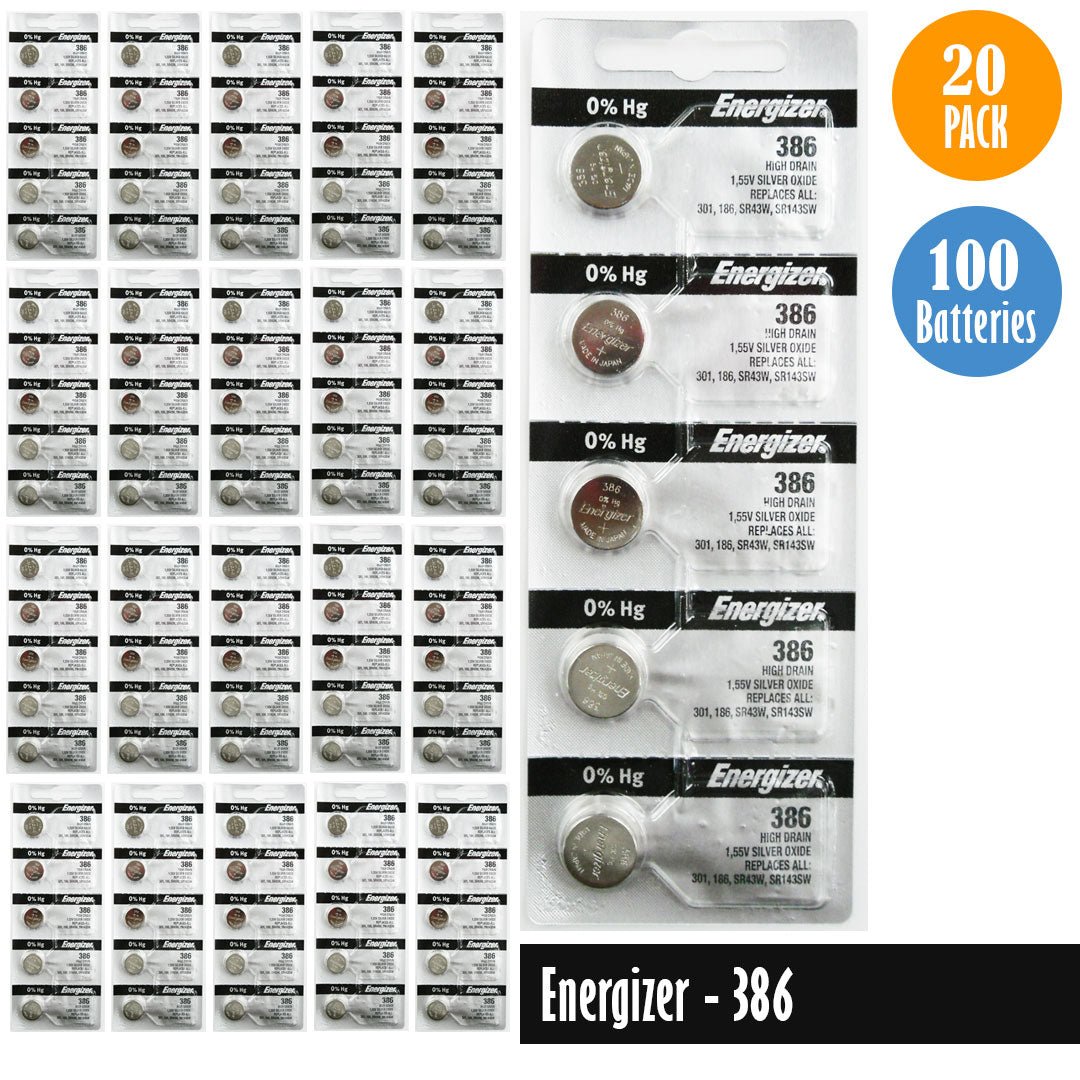 Energizer 386 Watch Battery Replacement, 1 Pack of 5 batteries, 301, 186, SR43W, SR143SW - Universal Jewelers & Watch Tools Inc.