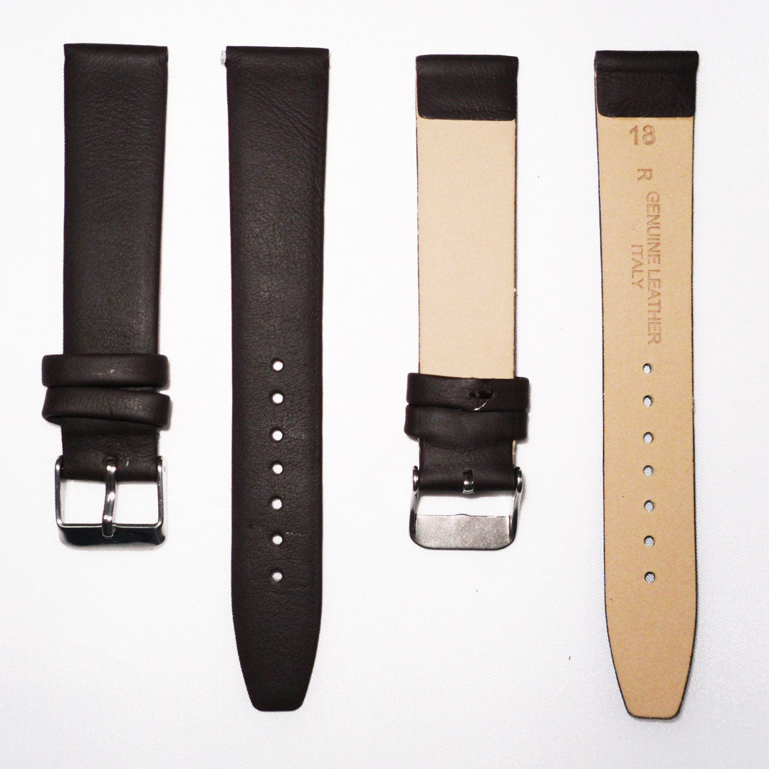 Genuine Leather Watch Band, Plain Dark Brown, Non Stitches, 16MM and 18MM, Regular Size, Stainless Steel Silver Buckle