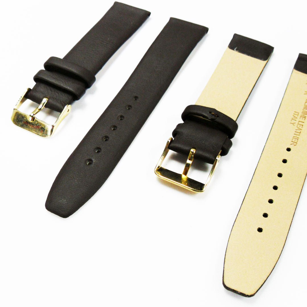Genuine Leather Watch Band, Plain Dark Brown, Non Stitches, 16MM and 20MM, Regular Size, Stainless Steel Golden Buckle - Universal Jewelers & Watch Tools Inc.