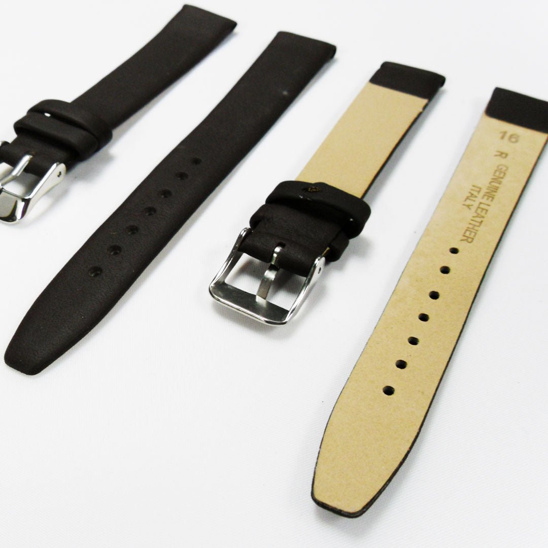 Genuine Leather Watch Band, Plain Dark Brown, Non Stitches, 16MM and 20MM, Regular Size, Stainless Steel Silver Buckle - Universal Jewelers & Watch Tools Inc.