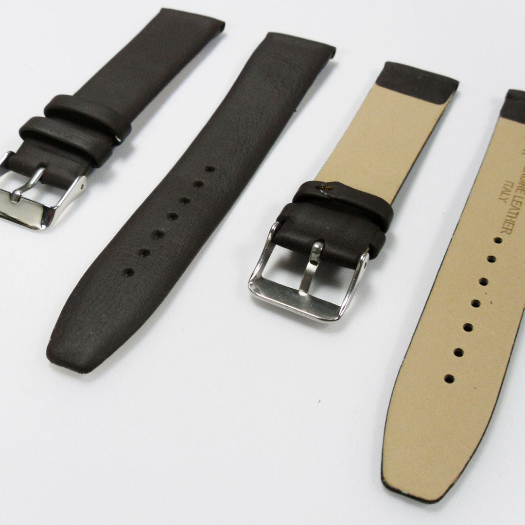 Genuine Leather Watch Band, Plain Dark Brown, Non Stitches, 20MM and 22MM, Regular Size, Stainless Steel Silver Buckle - Universal Jewelers & Watch Tools Inc.