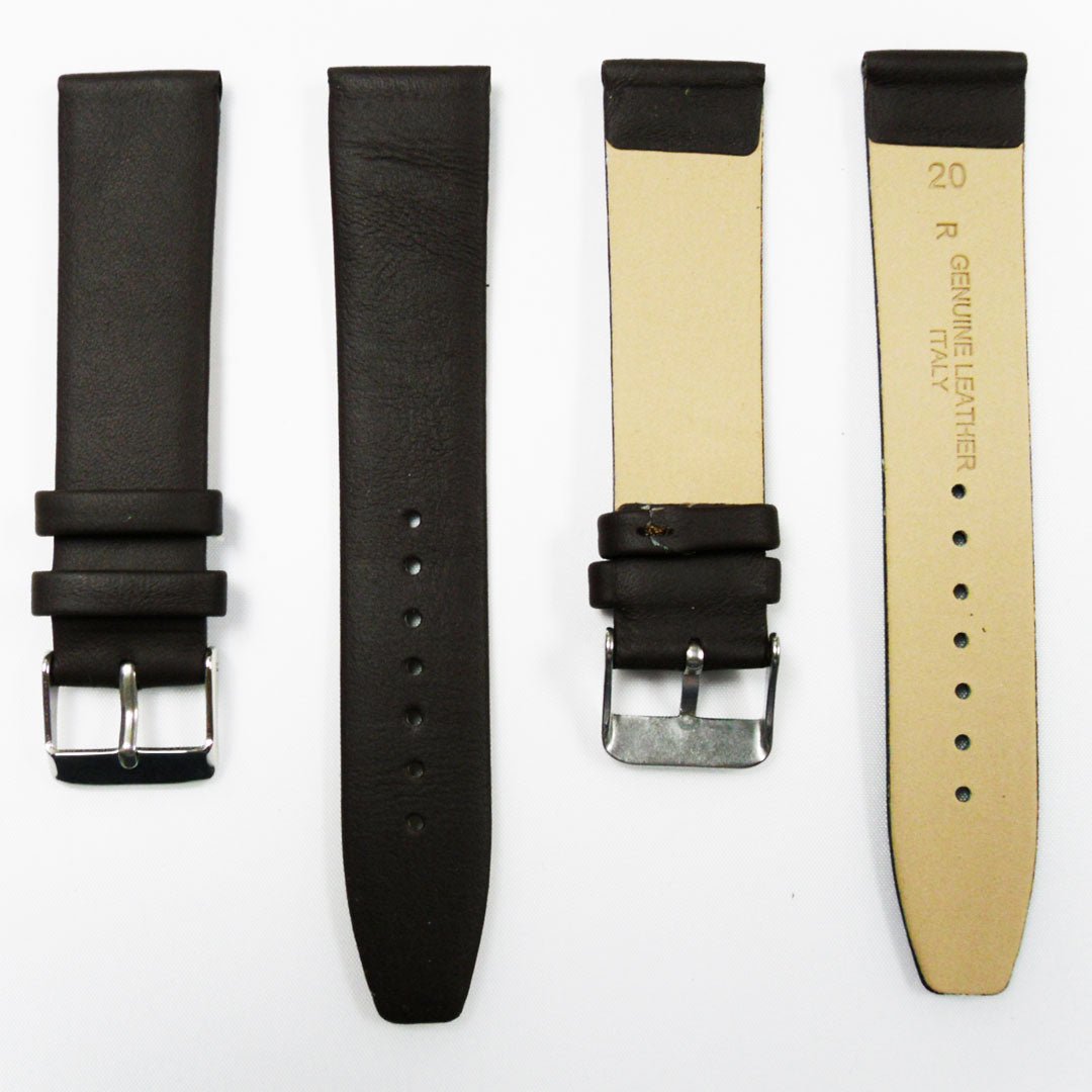Genuine Leather Watch Band, Plain Dark Brown, Non Stitches, 20MM and 22MM, Regular Size, Stainless Steel Silver Buckle - Universal Jewelers & Watch Tools Inc.
