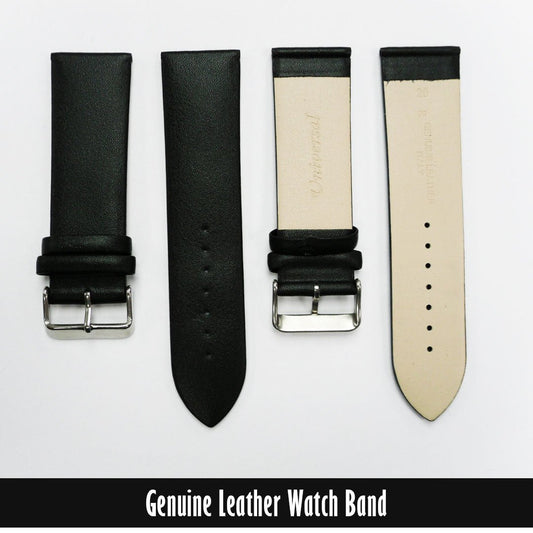 Genuine Leather Watch Band, Black Padded, Plain, No Stitches, 26MM, XL Size, Silver Buckle - Universal Jewelers & Watch Tools Inc.