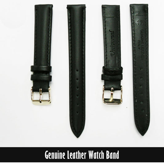 Genuine Leather Watch Band, Black Padded, Stitched, 16MM, Regular Length, Golden Buckle - Universal Jewelers & Watch Tools Inc.