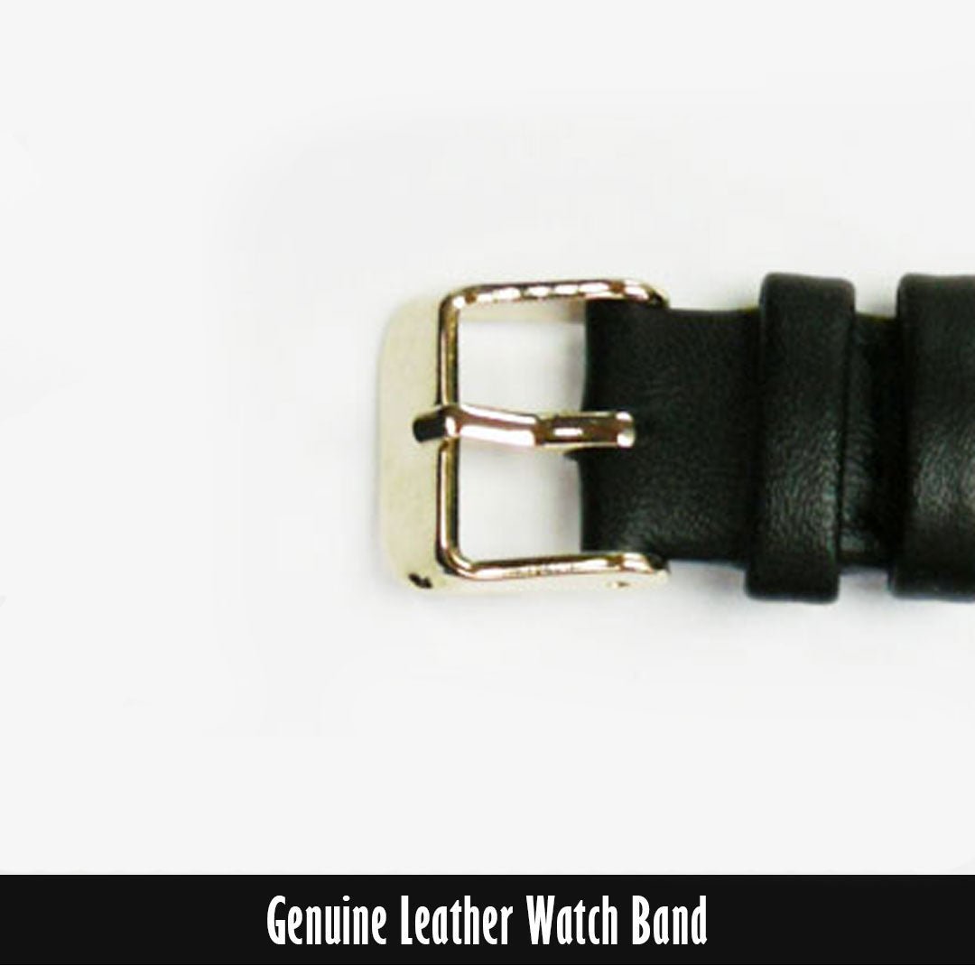 Genuine Leather Watch Band, Black Padded, Stitched, 16MM, Regular Length, Golden Buckle - Universal Jewelers & Watch Tools Inc.