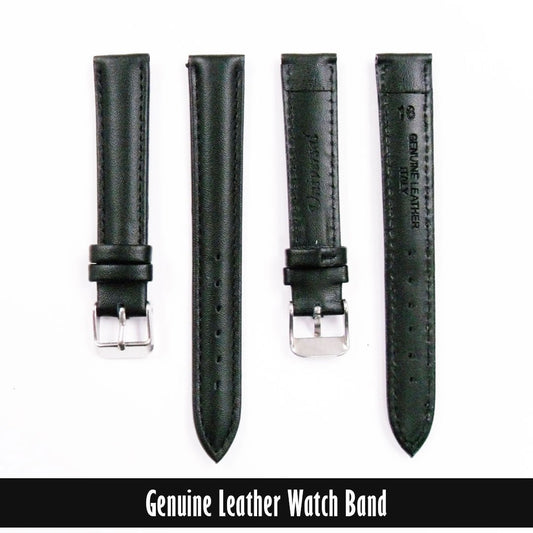 Genuine Leather Watch Band, Black Padded, Stitched, Black Thread, 16MM, Regular Length, Silver Buckle - Universal Jewelers & Watch Tools Inc.