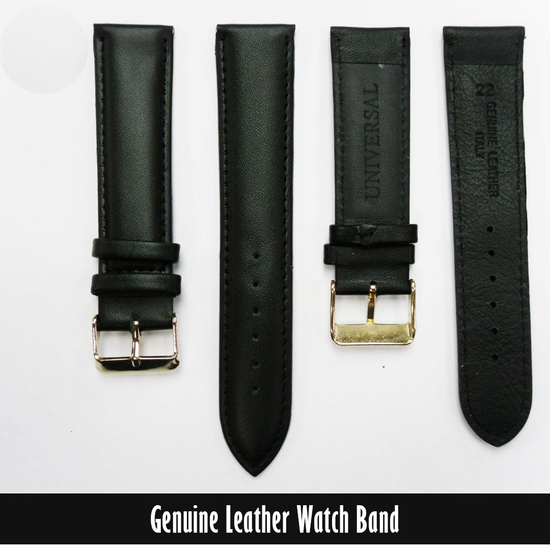 Genuine Leather Watch Band, Black Padded, Stitched, Black Thread, 22MM, Regular Length, Golden Buckle - Universal Jewelers & Watch Tools Inc.