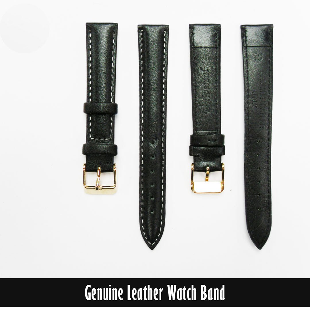 Genuine Leather Watch Band, Black Padded, Stitched, White Thread, 16MM, Regular Length, Golden Buckle - Universal Jewelers & Watch Tools Inc.