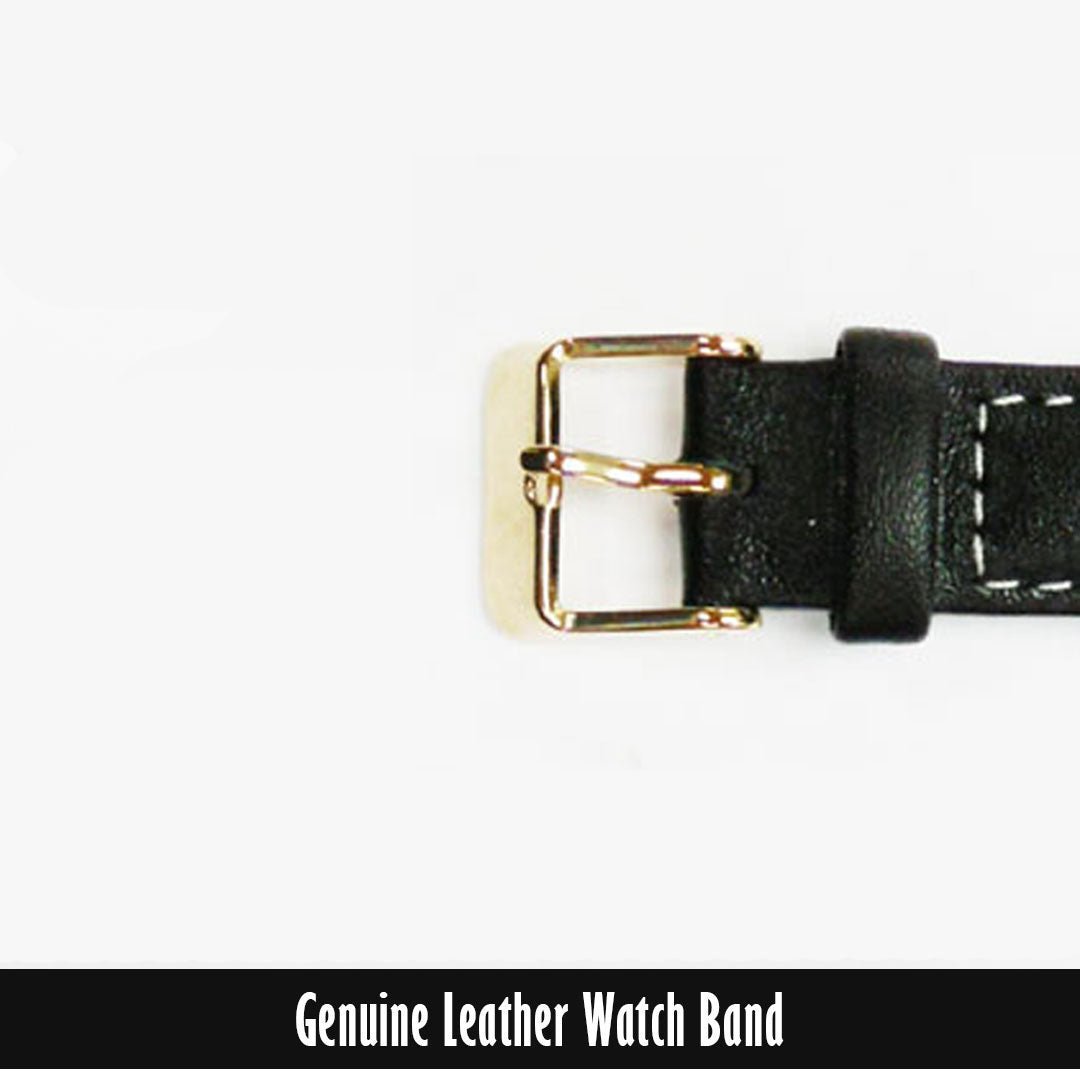 Genuine Leather Watch Band, Black Padded, Stitched, White Thread, 16MM, Regular Length, Golden Buckle - Universal Jewelers & Watch Tools Inc.