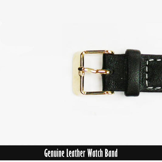 Genuine Leather Watch Band, Black Padded, Stitched, White Thread, 16MM, Regular Length, Golden Buckle - Universal Jewelers & Watch Tools Inc.
