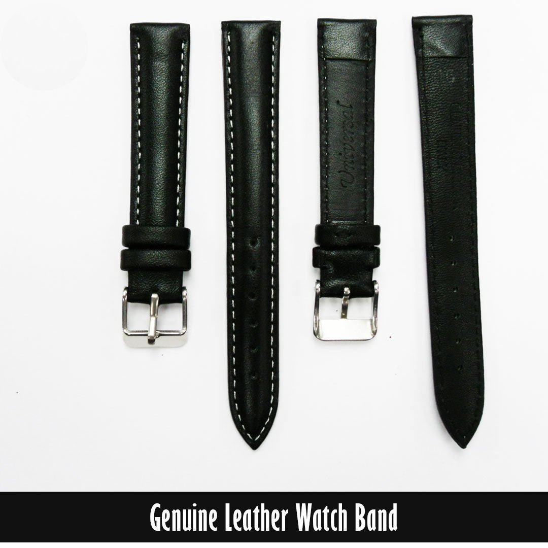 Genuine Leather Watch Band, Black Padded, Stitched, White Thread, 16MM, Regular Length, Silver Buckle - Universal Jewelers & Watch Tools Inc.