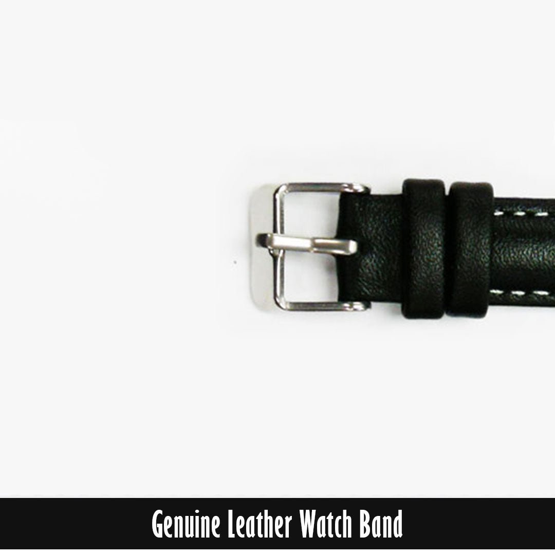 Genuine Leather Watch Band, Black Padded, Stitched, White Thread, 16MM, Regular Length, Silver Buckle - Universal Jewelers & Watch Tools Inc.