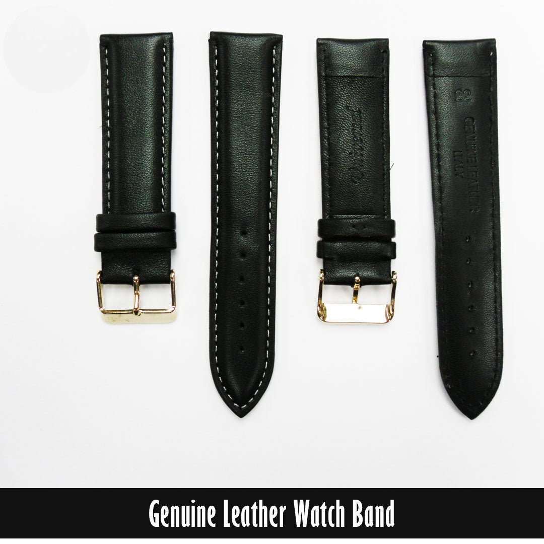 Genuine Leather Watch Band, Black Padded, Stitched, White Thread, 22MM, Regular Length, Golden Buckle - Universal Jewelers & Watch Tools Inc.