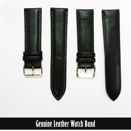 Genuine Leather Watch Band, Black Padded, Stitched, White Thread, 22MM, Regular Length, Golden Buckle - Universal Jewelers & Watch Tools Inc.