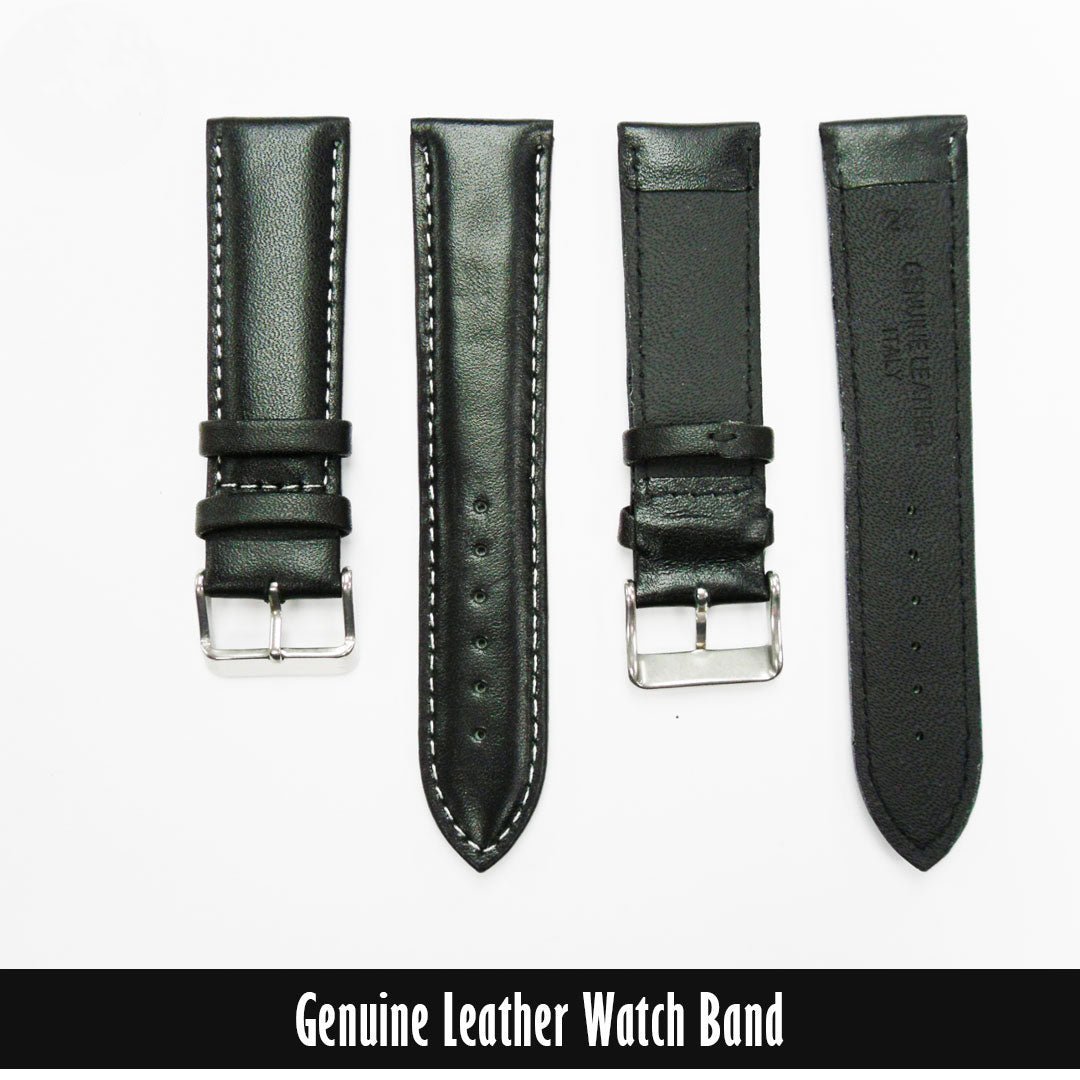 Genuine Leather Watch Band, Black Padded, Stitched, White Thread, 22MM, Regular Length, Silver Buckle - Universal Jewelers & Watch Tools Inc.