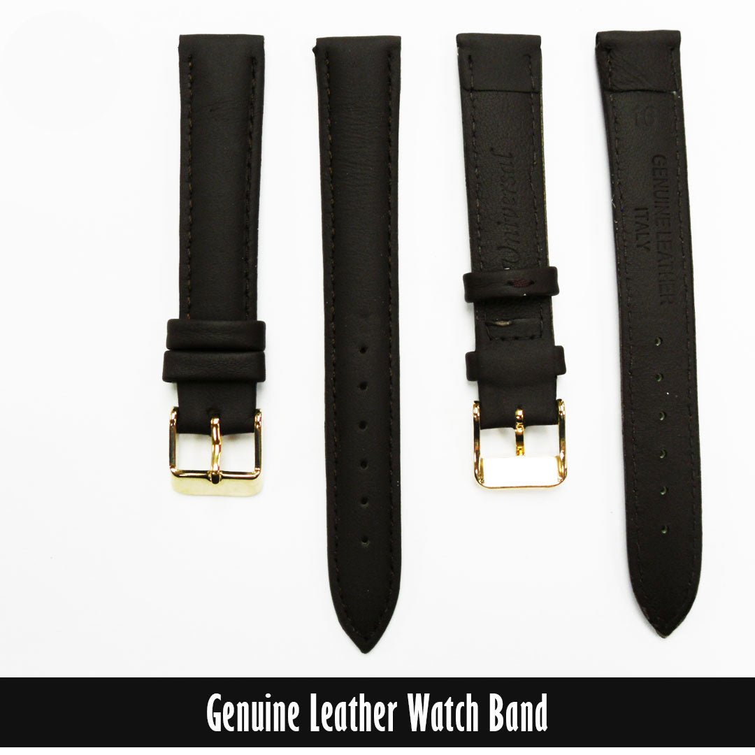 Genuine Leather Watch Band, Brown Padded, Stitched, Brown Thread, 16MM, Regular Length, Golden Buckle - Universal Jewelers & Watch Tools Inc.