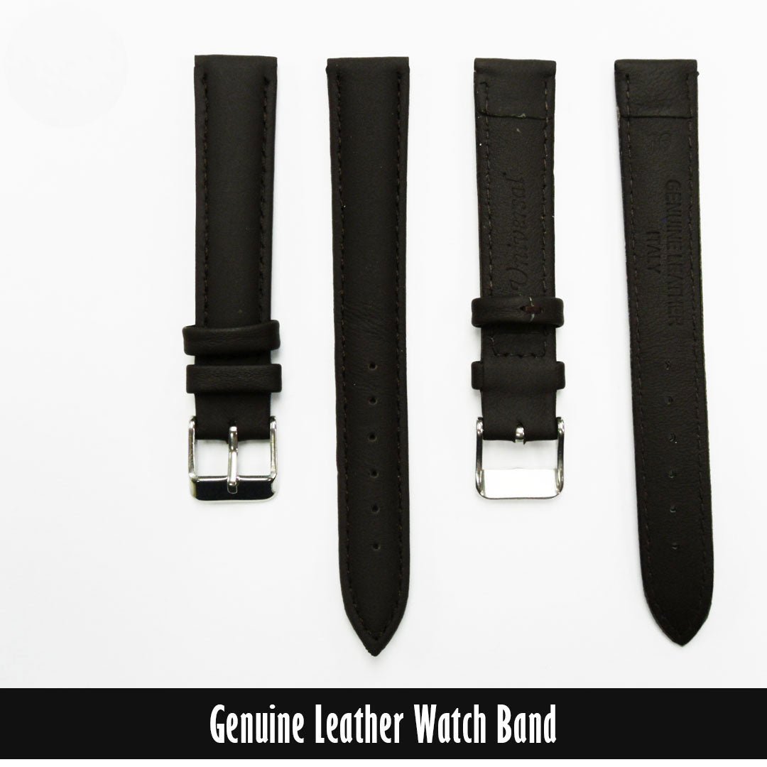 Mens Leather Watch Bands Genuine, Brown Padded, Stitched, Brown Thread, 16MM, Regular Length, Silver Buckle - Universal Jewelers & Watch Tools Inc.