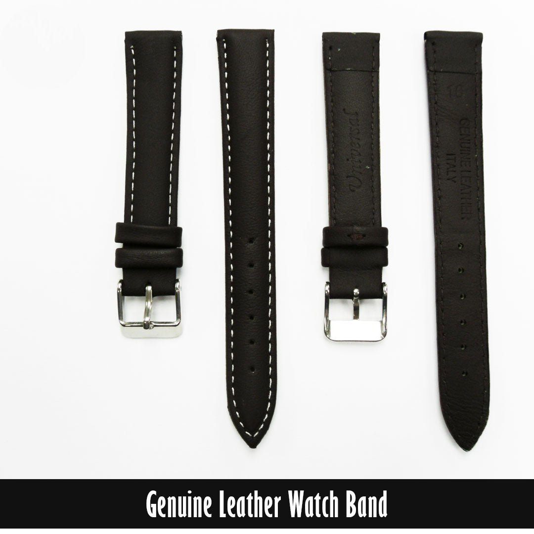 Genuine Leather Watch Band, Brown Padded, Stitched, White Thread, 16MM, Regular Length, Silver Buckle - Universal Jewelers & Watch Tools Inc.