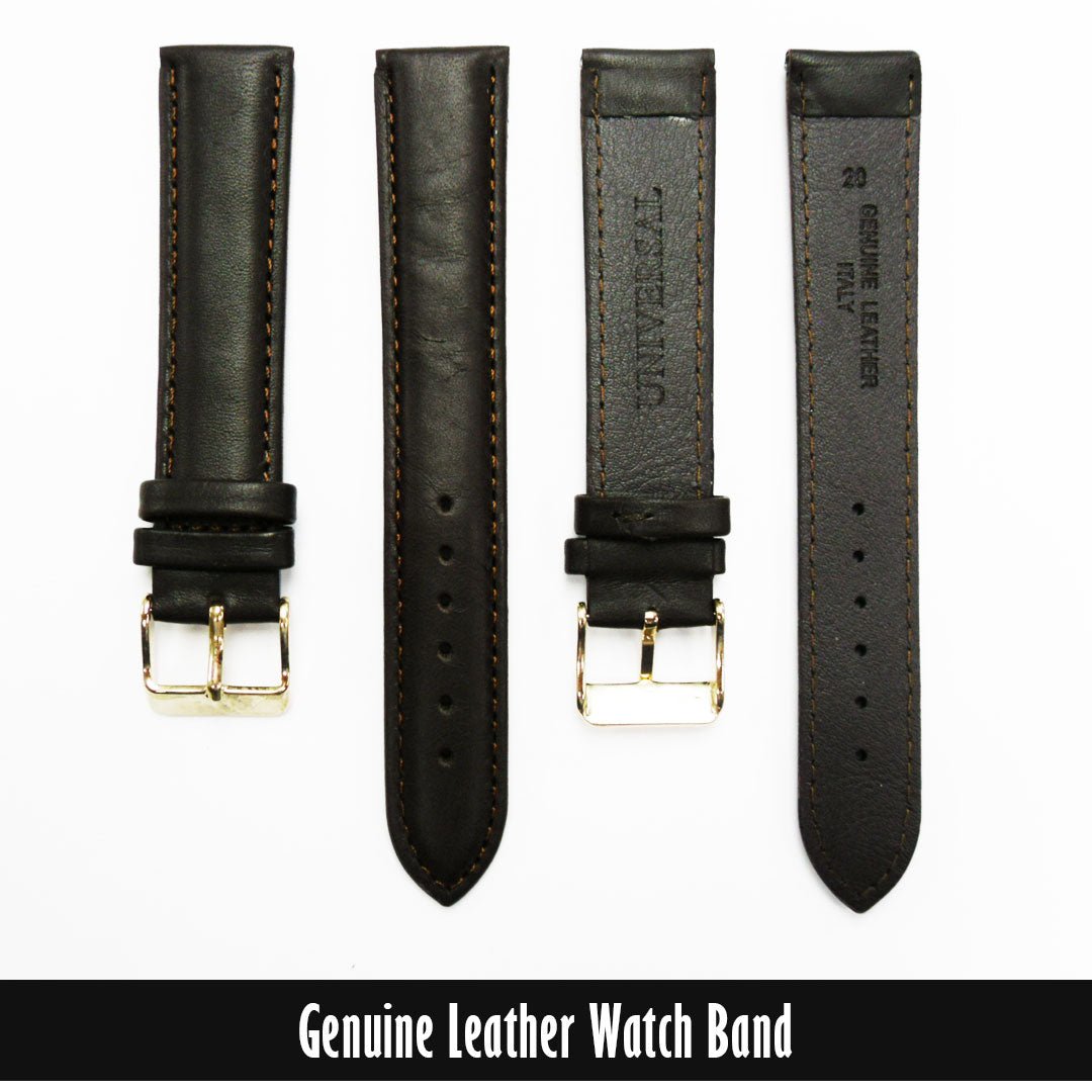 Genuine Leather Watch Band, Dark Brown Padded, Stitched, Brown Thread, 20MM, Regular Length, Golden Buckle - Universal Jewelers & Watch Tools Inc.