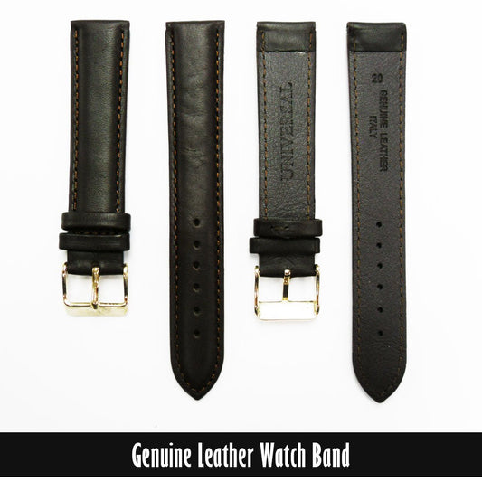 Genuine Leather Watch Band, Dark Brown Padded, Stitched, Brown Thread, 20MM, Regular Length, Golden Buckle - Universal Jewelers & Watch Tools Inc.