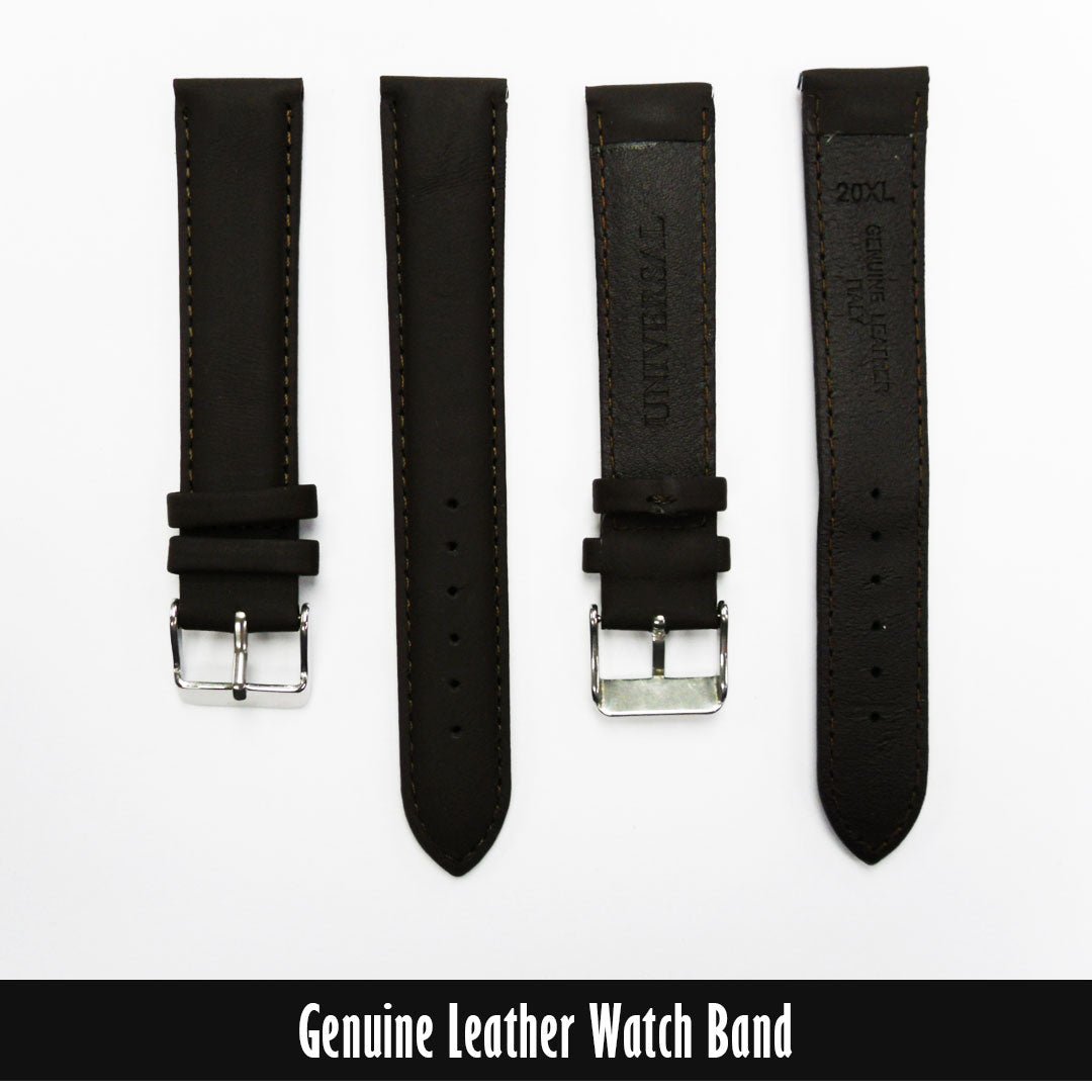 Genuine Leather Watch Band, Dark Brown Padded, Stitched, Brown Thread, 20MM, XL Size, Silver Buckle - Universal Jewelers & Watch Tools Inc.