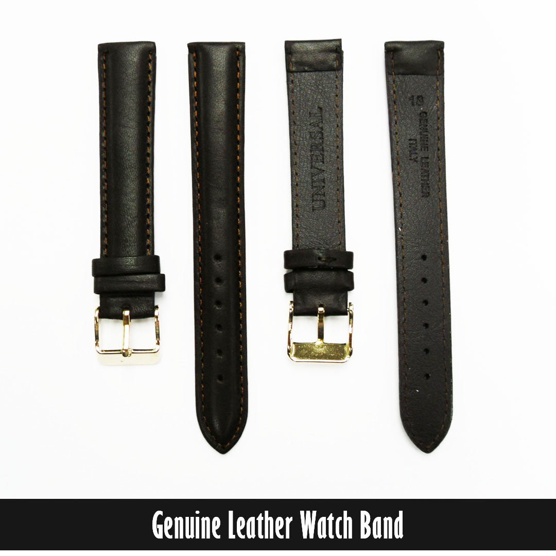 Genuine Leather Watch Band, Dark Brown Padded, Stitched, Brown Thread, 18MM, XL Size, Golden Buckle - Universal Jewelers & Watch Tools Inc.