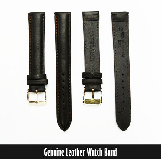 Genuine Leather Watch Band, Dark Brown Padded, Stitched, Brown Thread, 18MM, XL Size, Golden Buckle - Universal Jewelers & Watch Tools Inc.