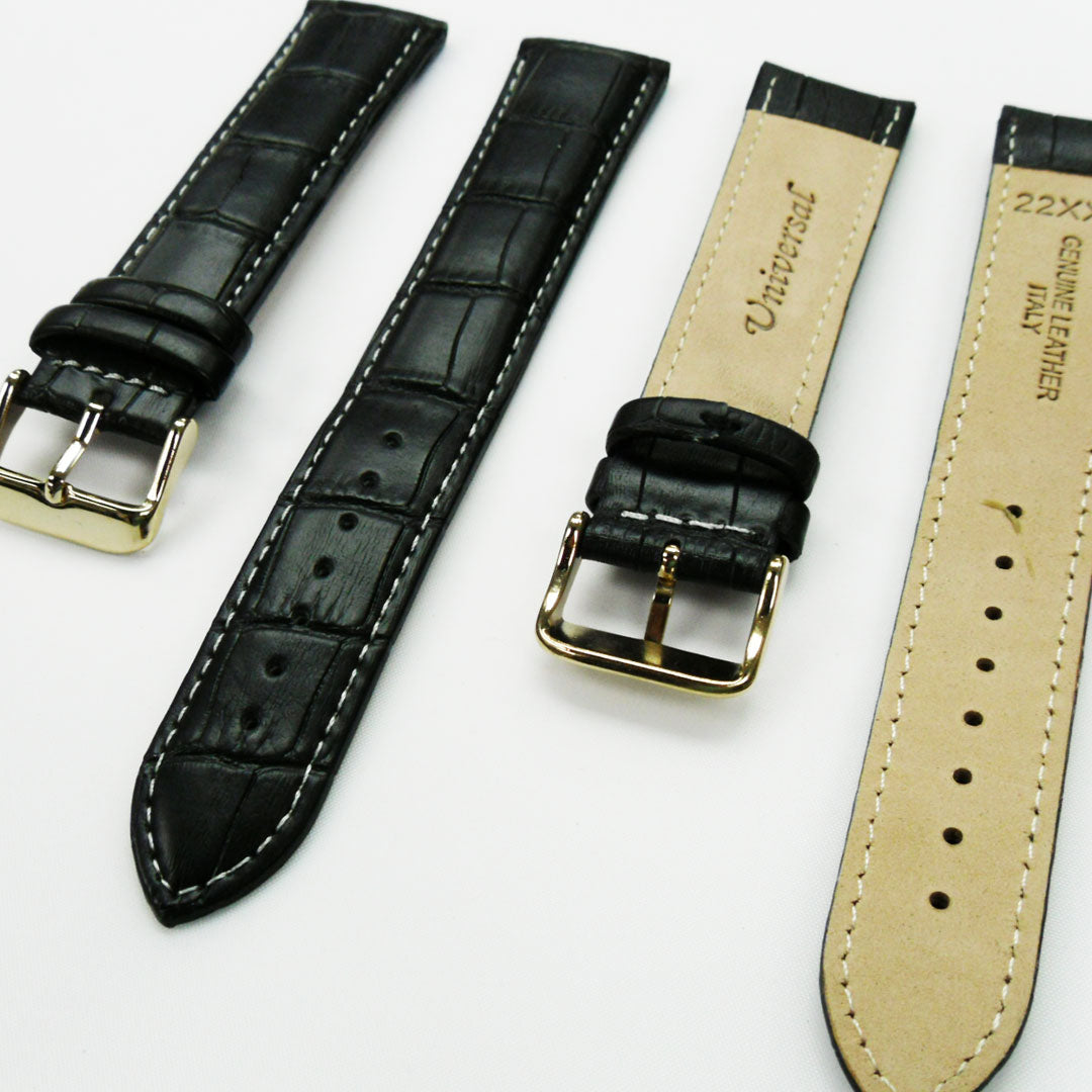 Genuine Leather Watch Band, Black Alligator Straps, Padded, Black, Yellow and Orange Stitches, 22MM and 24MM, XXL Size, Stainless Steel Silver and Gold Buckle