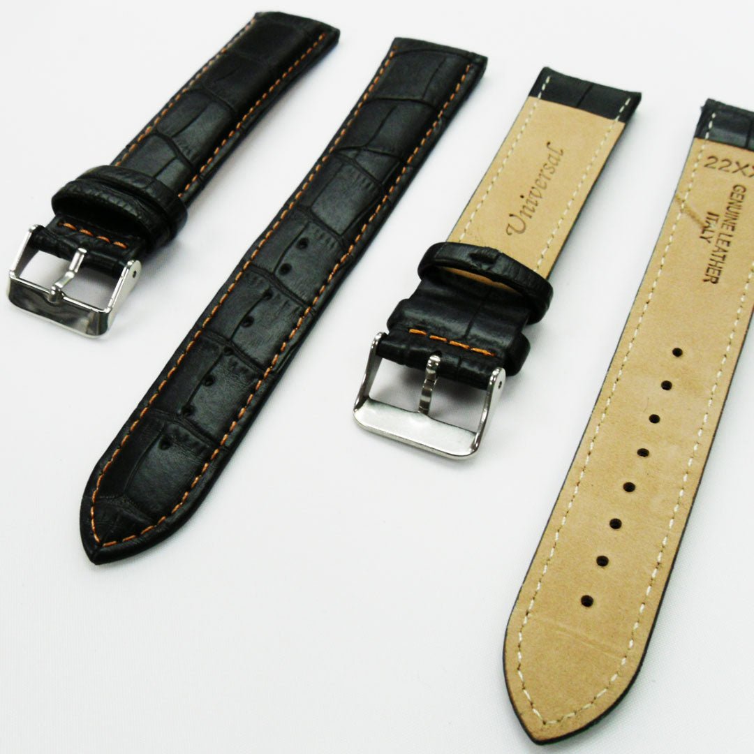 Genuine Leather Watch Band, Black Alligator Straps, Padded, Black, Yellow and Orange Stitches, 22MM and 24MM, XXL Size, Stainless Steel Silver and Gold Buckle - Universal Jewelers & Watch Tools Inc.