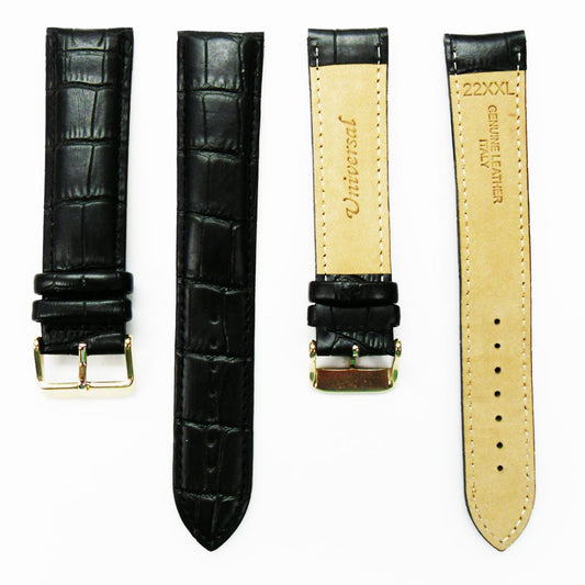 Genuine Leather Watch Band, Black Alligator Straps, Padded, Black and Orange Stitches, 20MM and 24MM, XL Size, Stainless Steel Silver and Gold Buckle - Universal Jewelers & Watch Tools Inc.