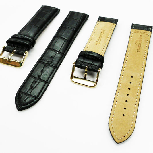 Genuine Leather Watch Band, Black Alligator Straps, Padded, Black and Orange Stitches, 20MM and 24MM, XL Size, Stainless Steel Silver and Gold Buckle - Universal Jewelers & Watch Tools Inc.
