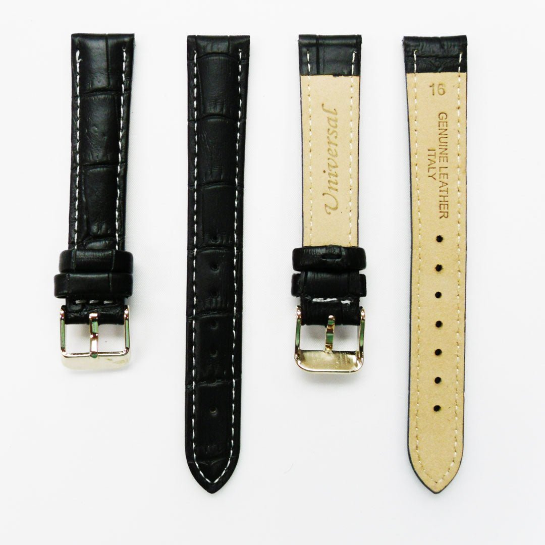 Genuine Leather Watch Band, Black Alligator Straps, Padded, Black and White Stitches, 16MM, Regular Size, Stainless Steel Silver and Gold Buckle - Universal Jewelers & Watch Tools Inc.